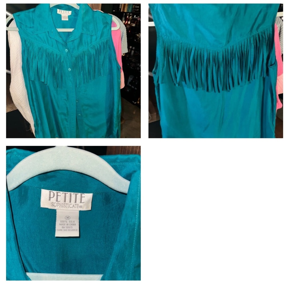 Petite Sophisticate Teal Fringe Top